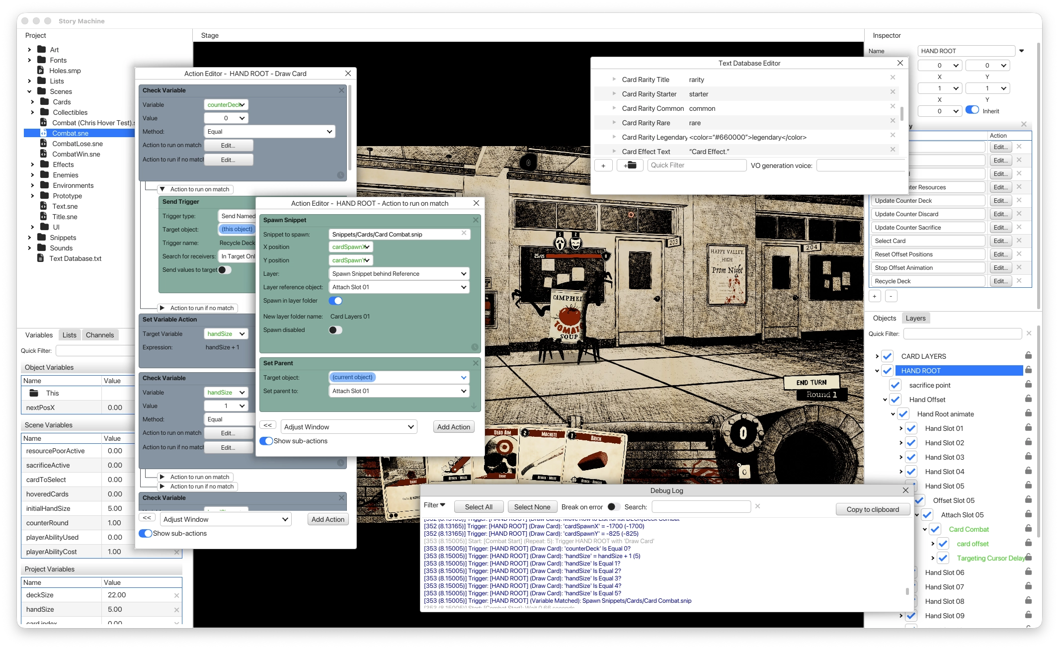 The Story Machine editor with a card game open: the stage in the middle, action editors, the text database, and a debug log